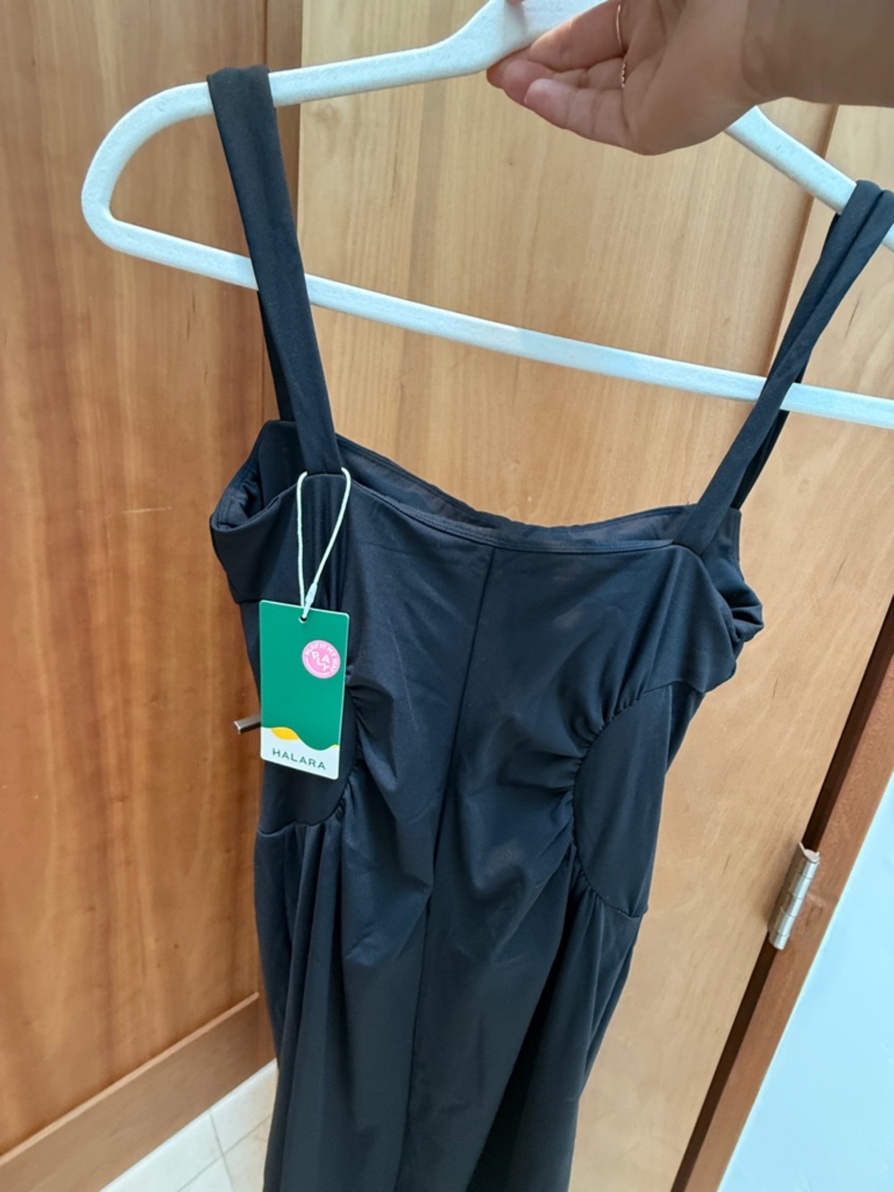 NWT HALARA Black Midi Dress with Square Neck Straps side ruching size small soft - Picture 4 of 8